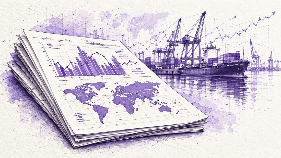 Illustration of a crane lifting shipping containers above a rising price chart