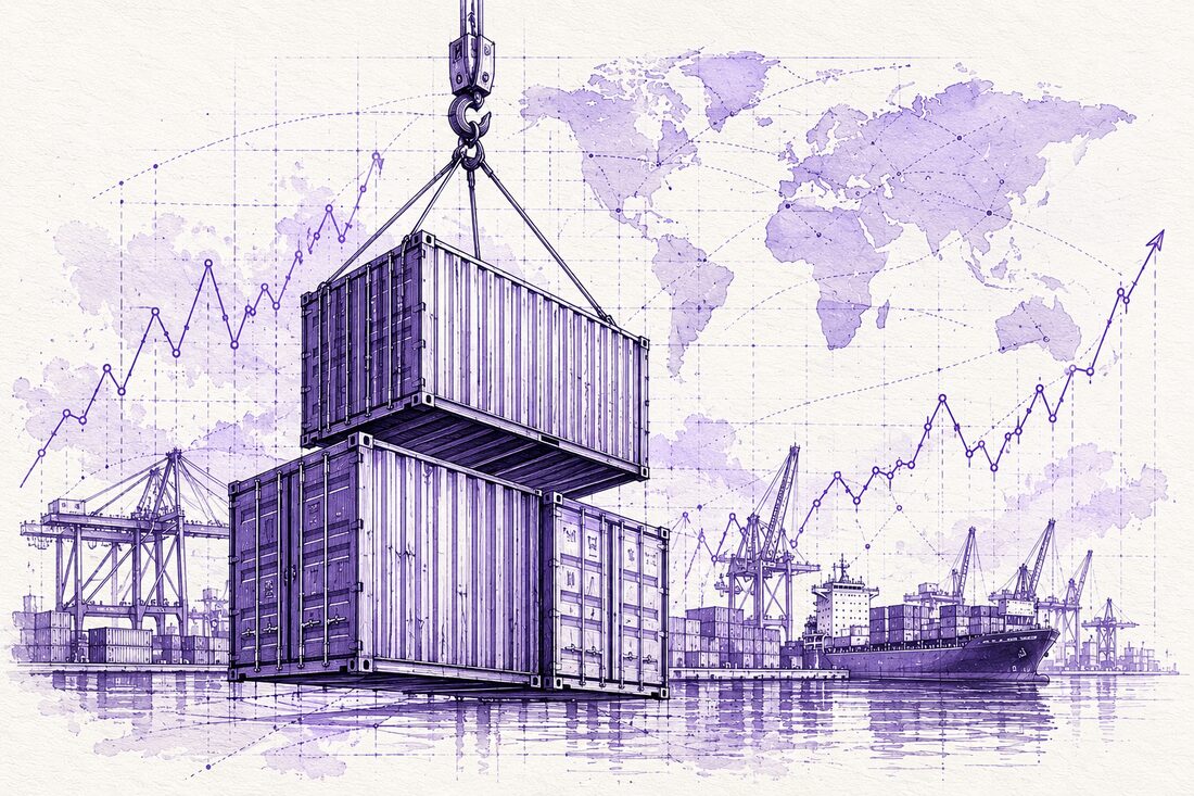 Illustration of a stacked market report with charts and a world map, beside cranes loading shipping containers
